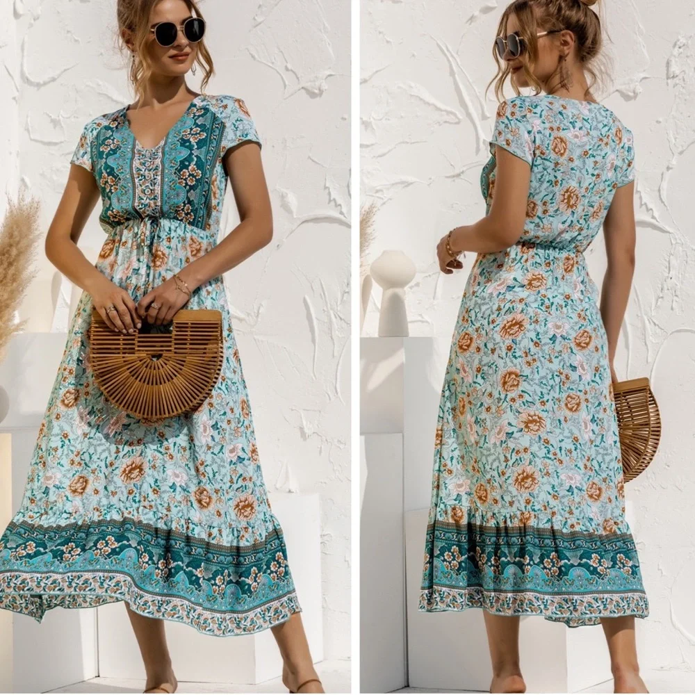 Blue Paisley Midi Dress (Calf Length ) - Picture 2 of 3